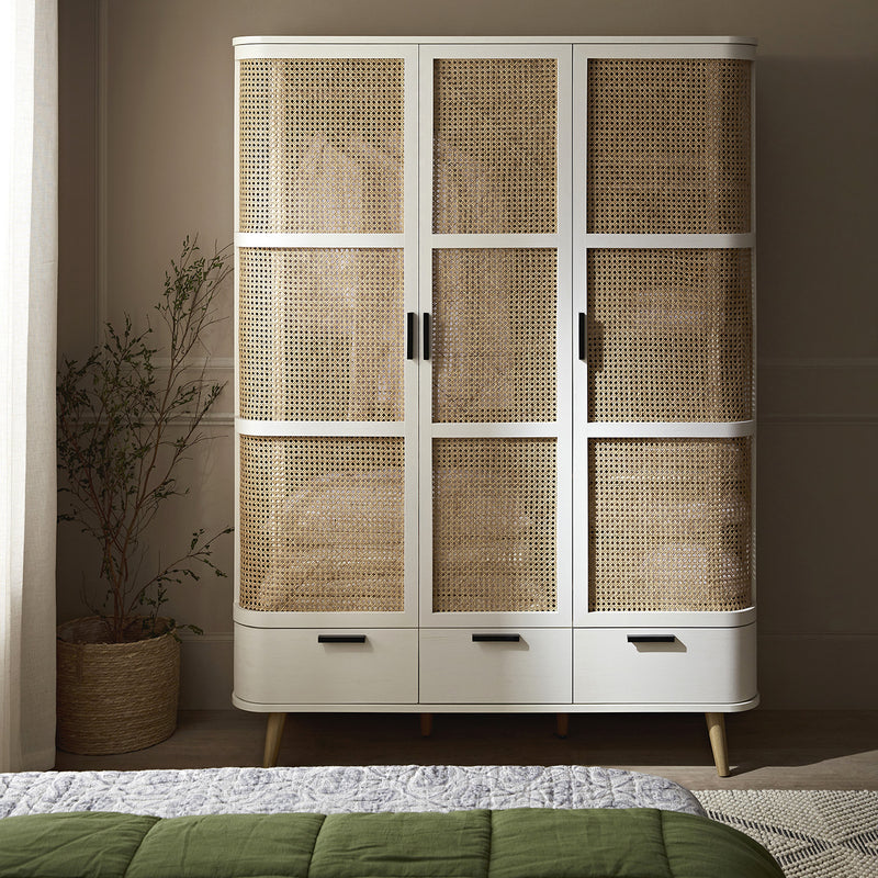 Izzy Curved Rattan Triple Wardrobe, White - daals