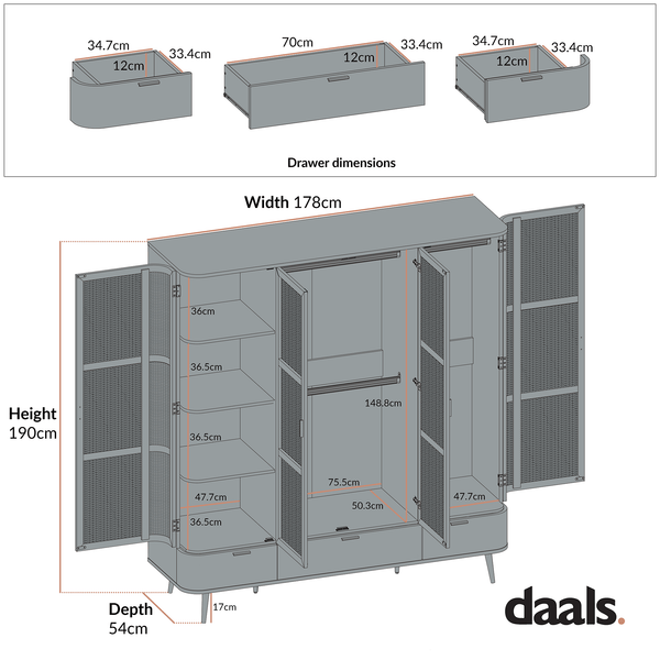 Izzy Curved Rattan 4-Door Wardrobe, Natural