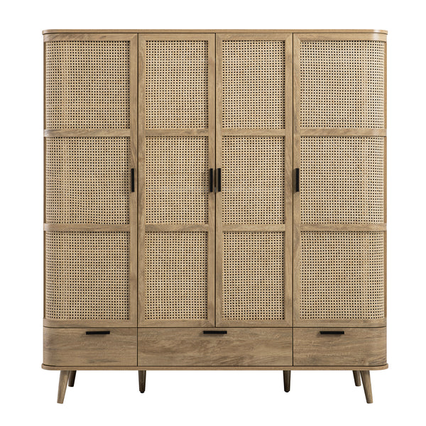 Izzy Curved Rattan 4-Door Wardrobe, Natural