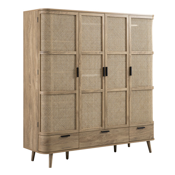 Izzy Curved Rattan 4-Door Wardrobe, Natural