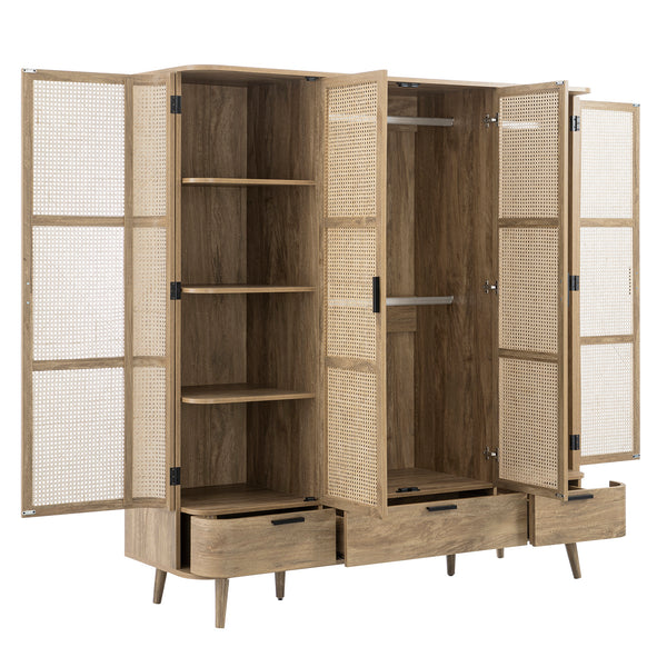 Izzy Curved Rattan 4-Door Wardrobe, Natural