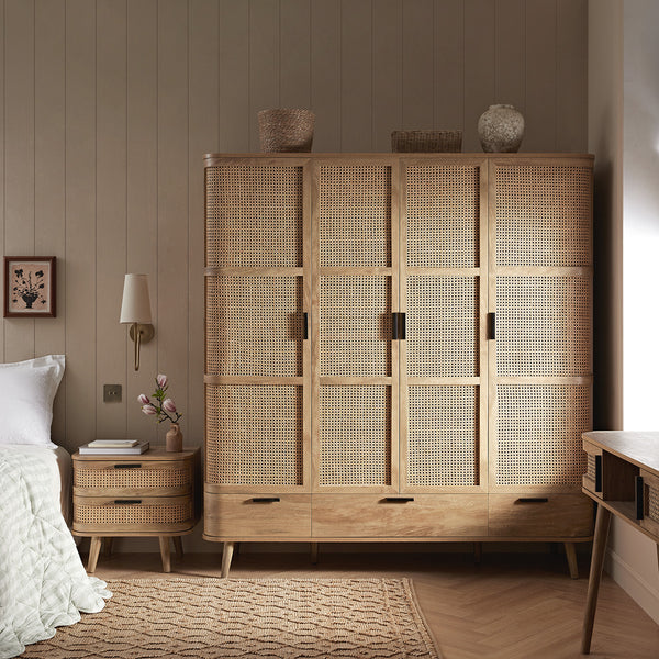 Izzy Curved Rattan 4-Door Wardrobe, Natural