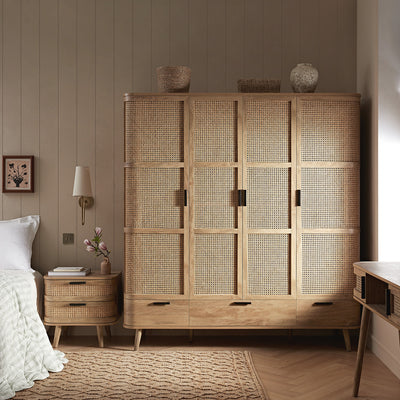 Izzy Curved Rattan 4-Door Wardrobe, Natural