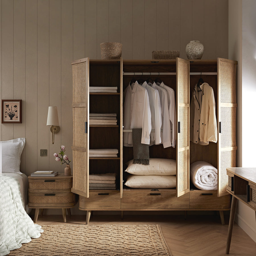 Izzy Curved Rattan 4-Door Wardrobe, Natural