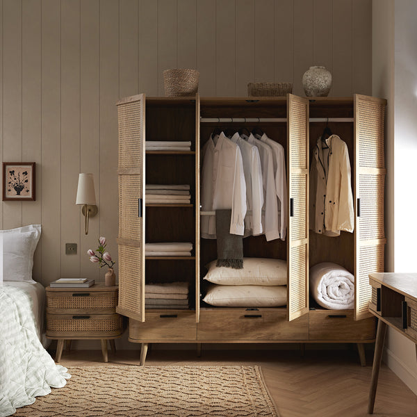 Izzy Curved Rattan 4-Door Wardrobe, Natural