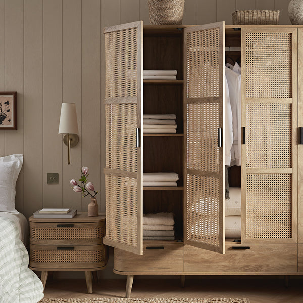 Izzy Curved Rattan 4-Door Wardrobe, Natural