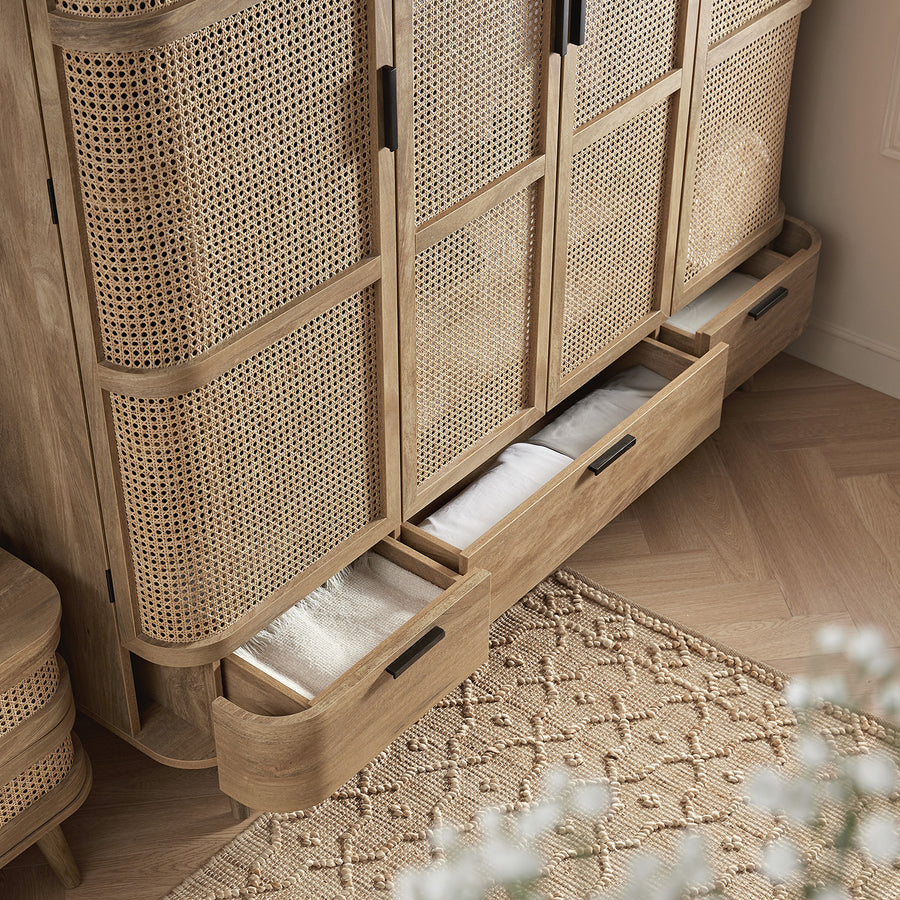 Izzy Curved Rattan 4-Door Wardrobe, Natural