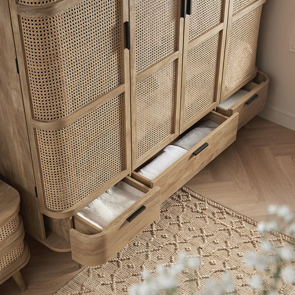 Izzy Curved Rattan 4-Door Wardrobe, Natural