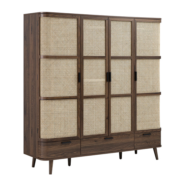 Izzy Curved Rattan 4-Door Wardrobe, Walnut