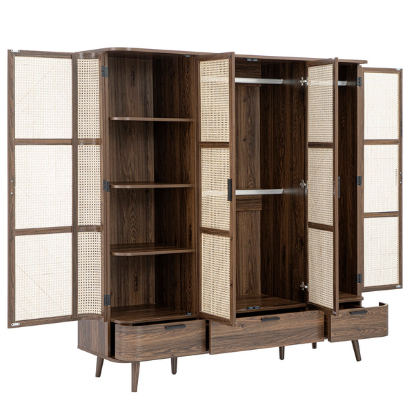 Izzy Curved Rattan 4-Door Wardrobe, Walnut