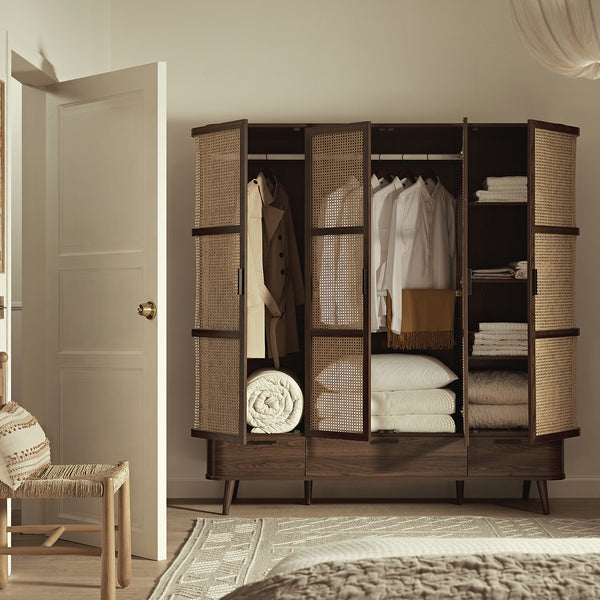 Izzy Curved Rattan 4-Door Wardrobe, Walnut