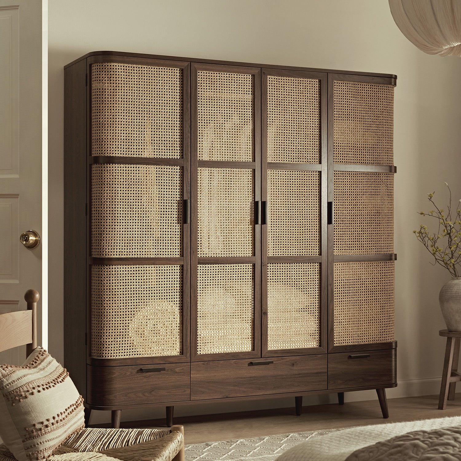 Izzy Curved Rattan 4-Door Wardrobe, Walnut