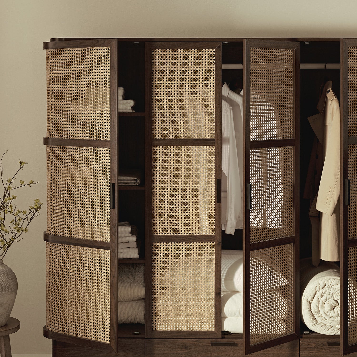 Izzy Curved Rattan 4-Door Wardrobe, Walnut