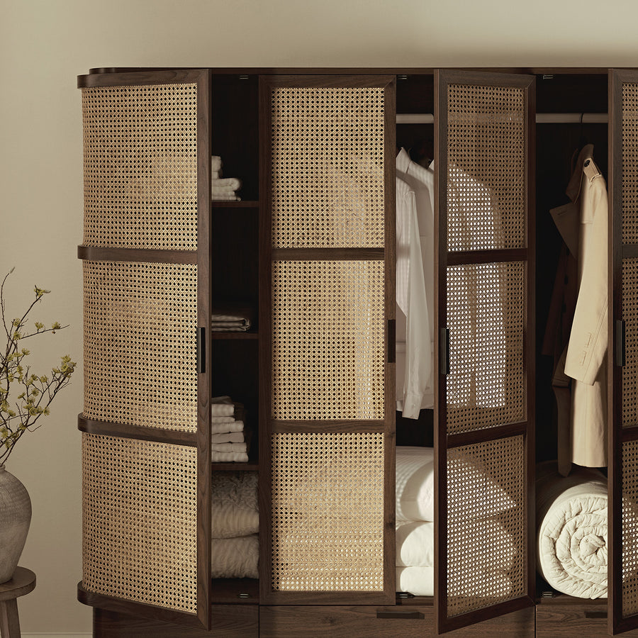 Izzy Curved Rattan 4-Door Wardrobe, Walnut