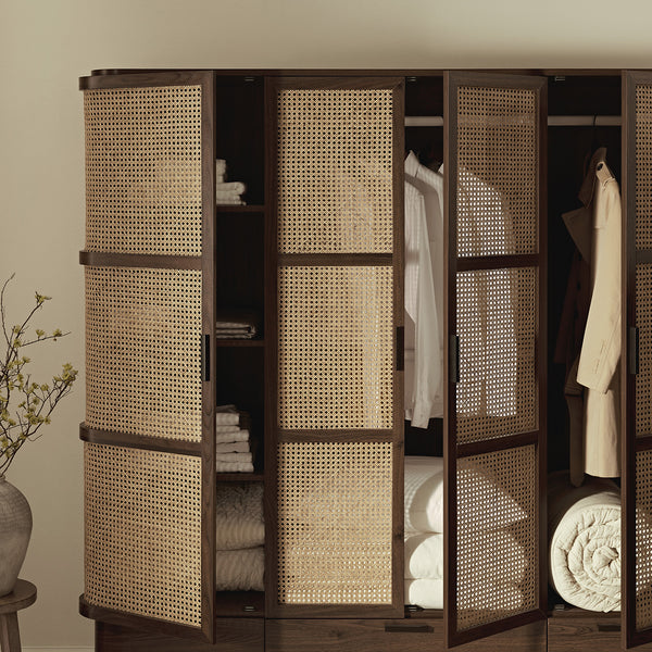 Izzy Curved Rattan 4-Door Wardrobe, Walnut