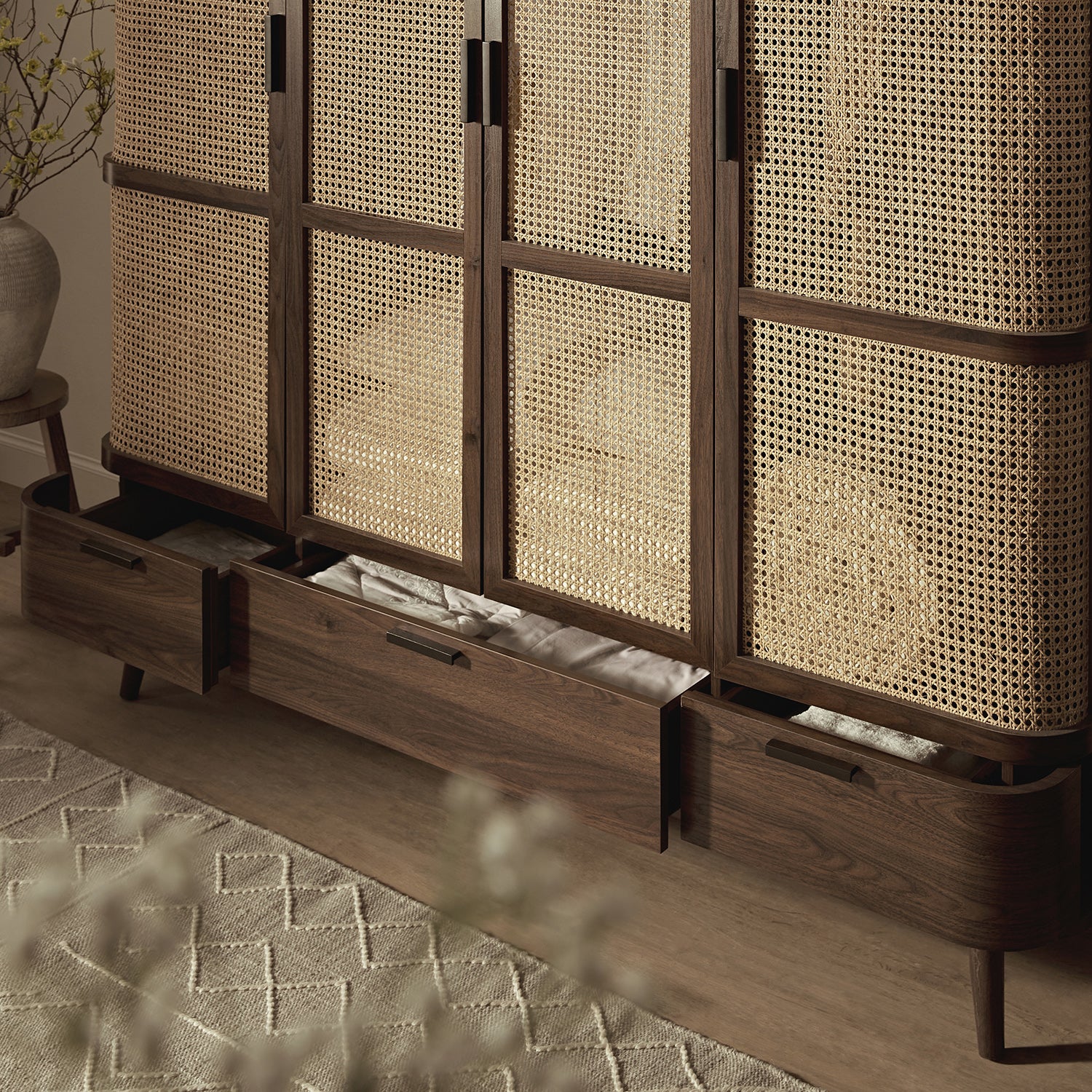 Izzy Curved Rattan 4-Door Wardrobe, Walnut