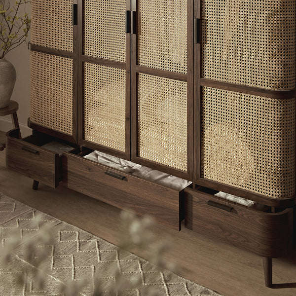 Izzy Curved Rattan 4-Door Wardrobe, Walnut
