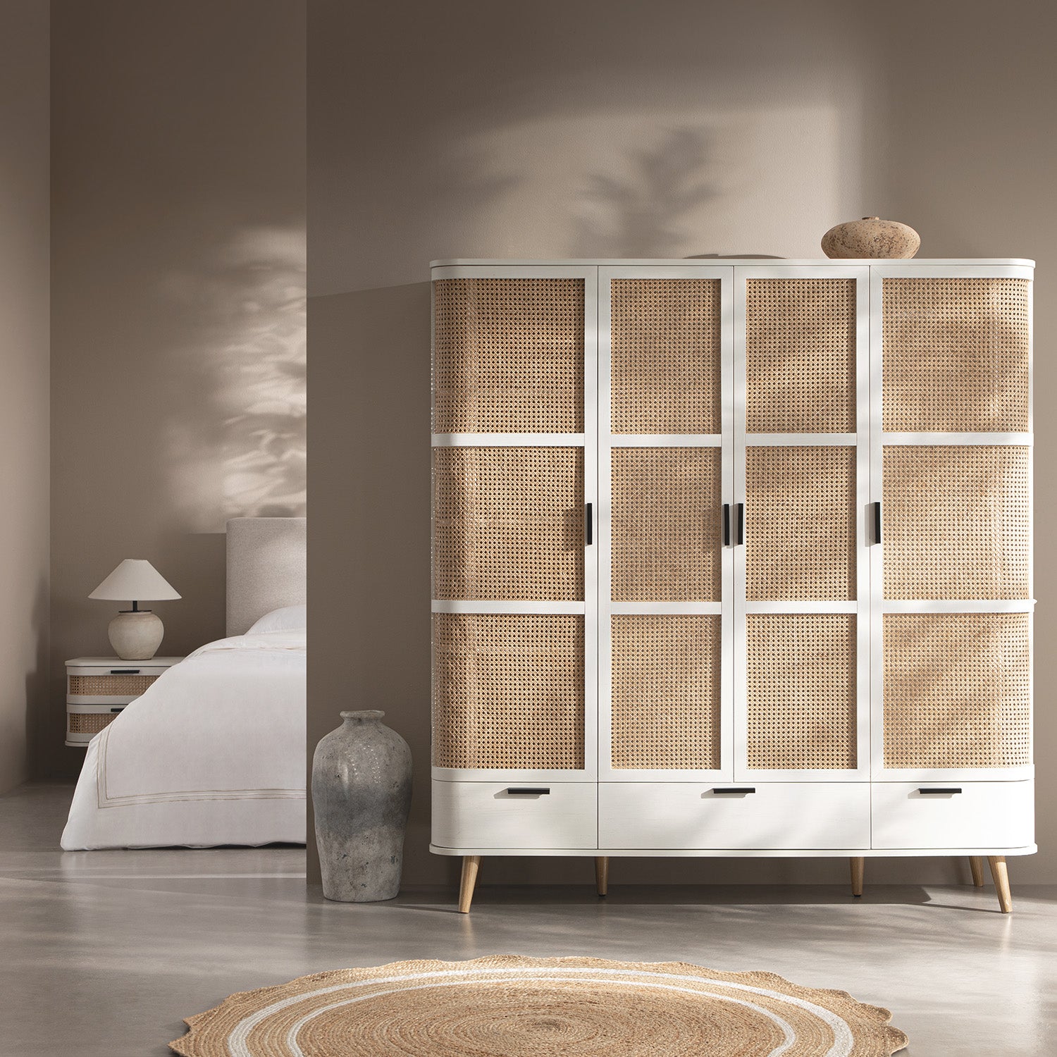 Izzy Curved Rattan 4-Door Wardrobe, White