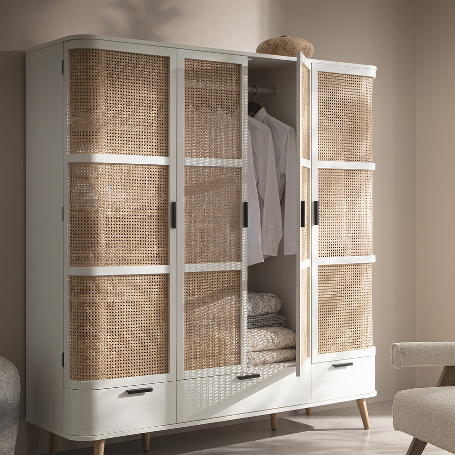 Izzy Curved Rattan 4-Door Wardrobe, White