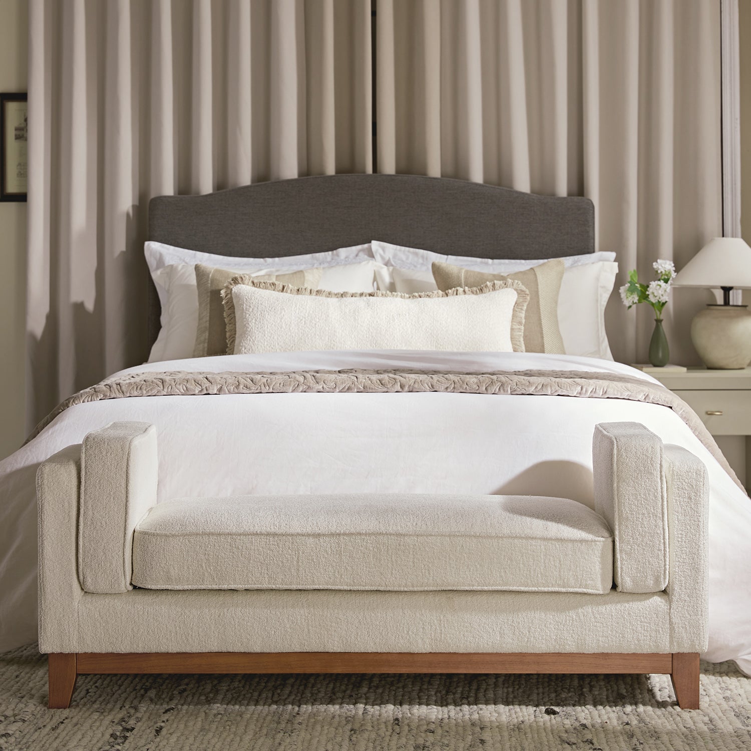 Dipley Beige Boucle Upholstered Bench