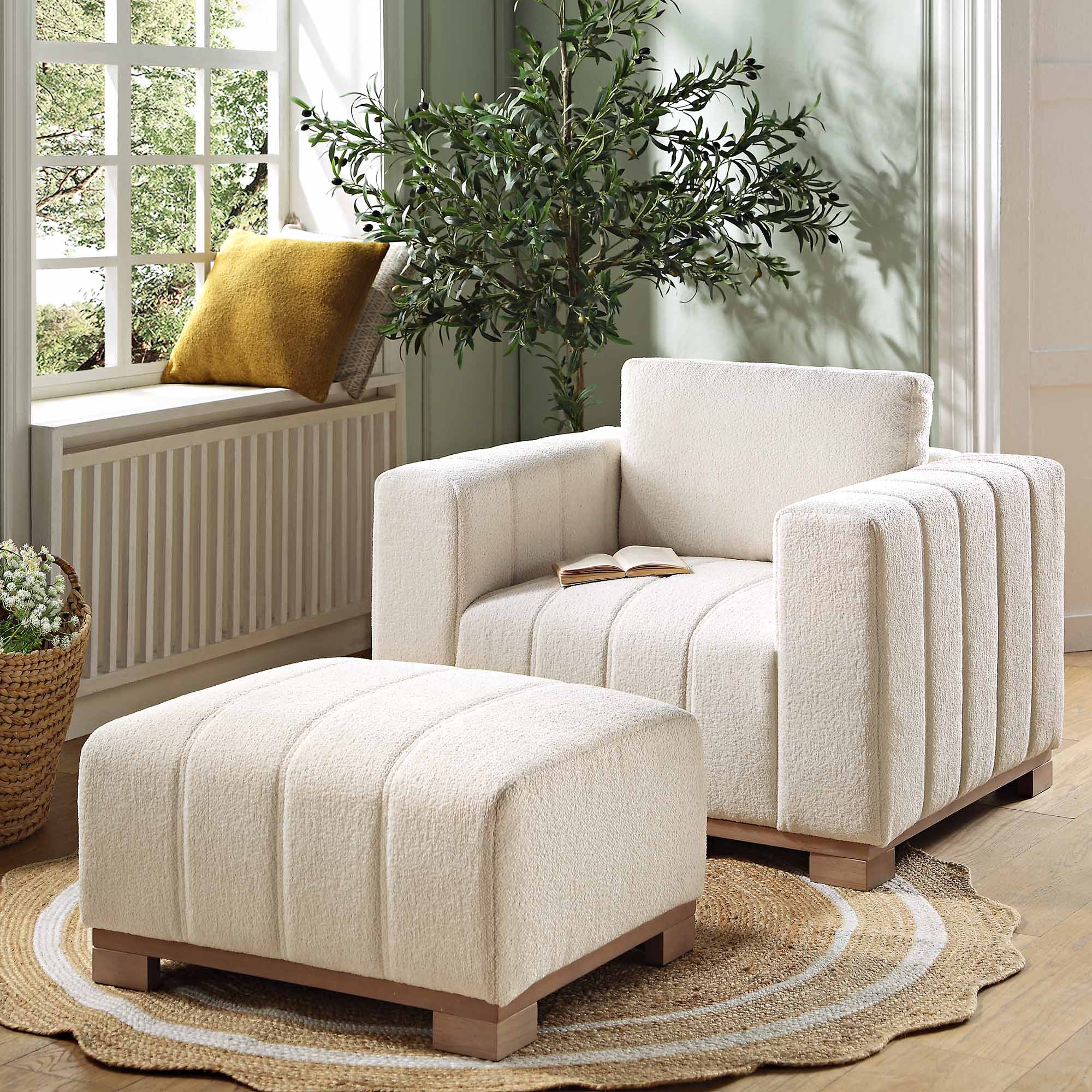 Belsize Beige Boucle Sofa with Wooden Base, 1-Seater
