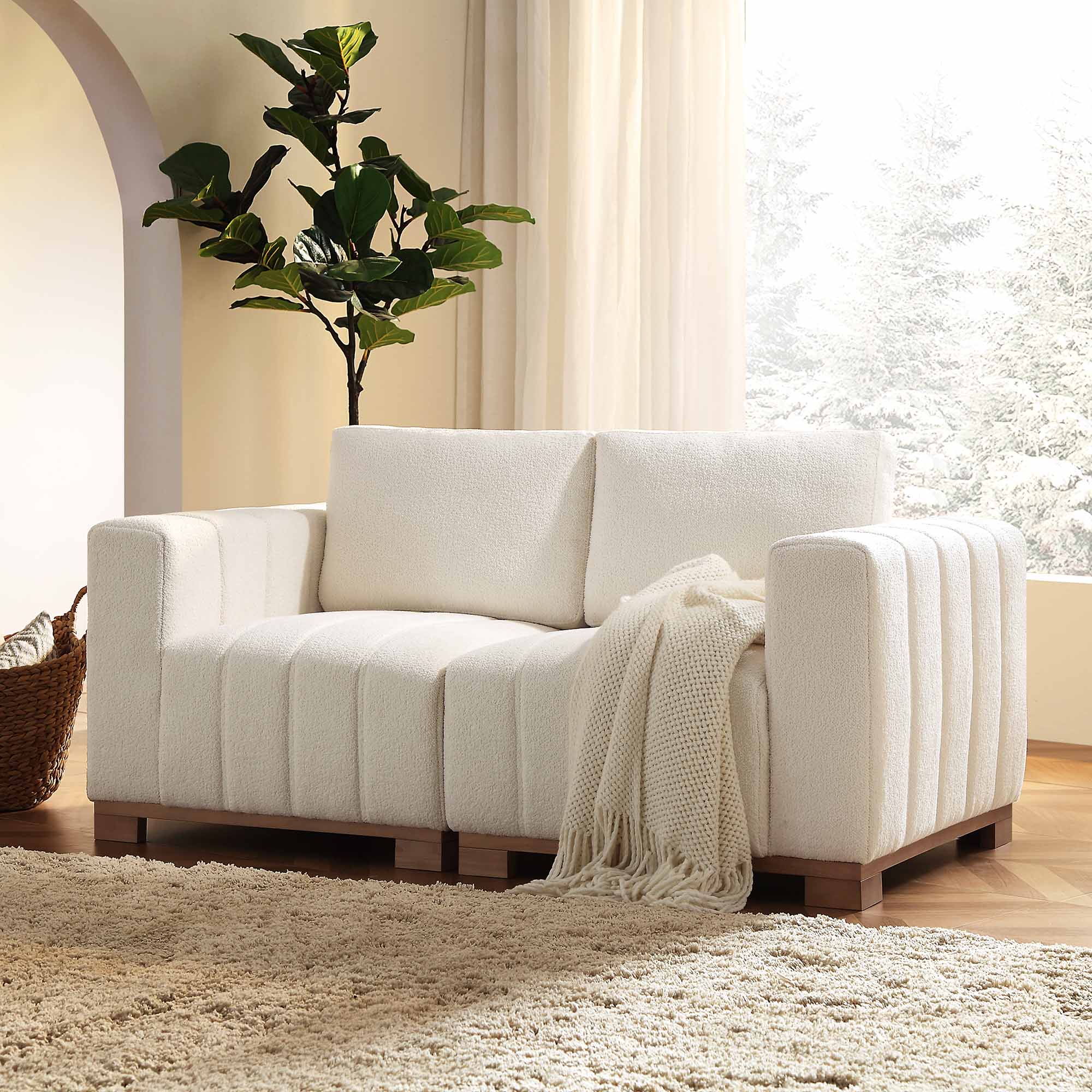Belsize Beige Boucle Sofa with Wooden Base, 2-Seater | daals