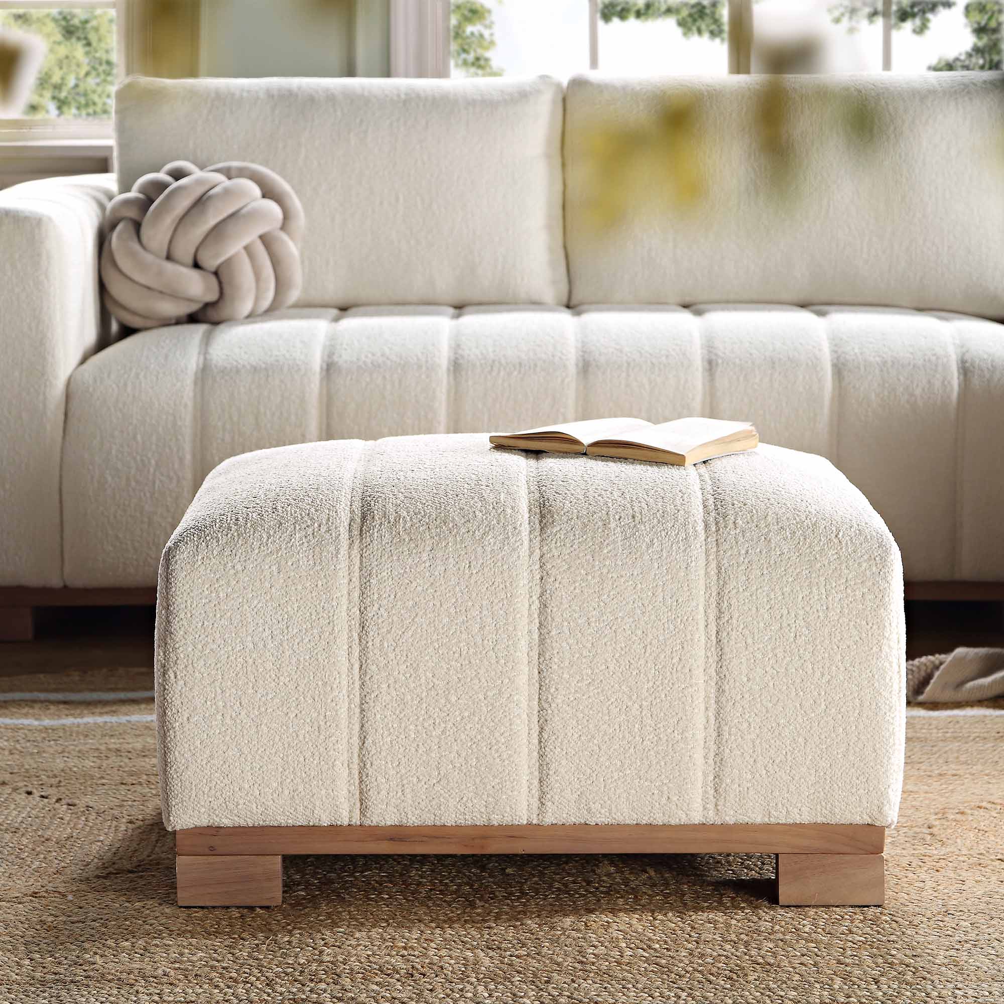 Belsize Beige Boucle Footstool with Wooden Base