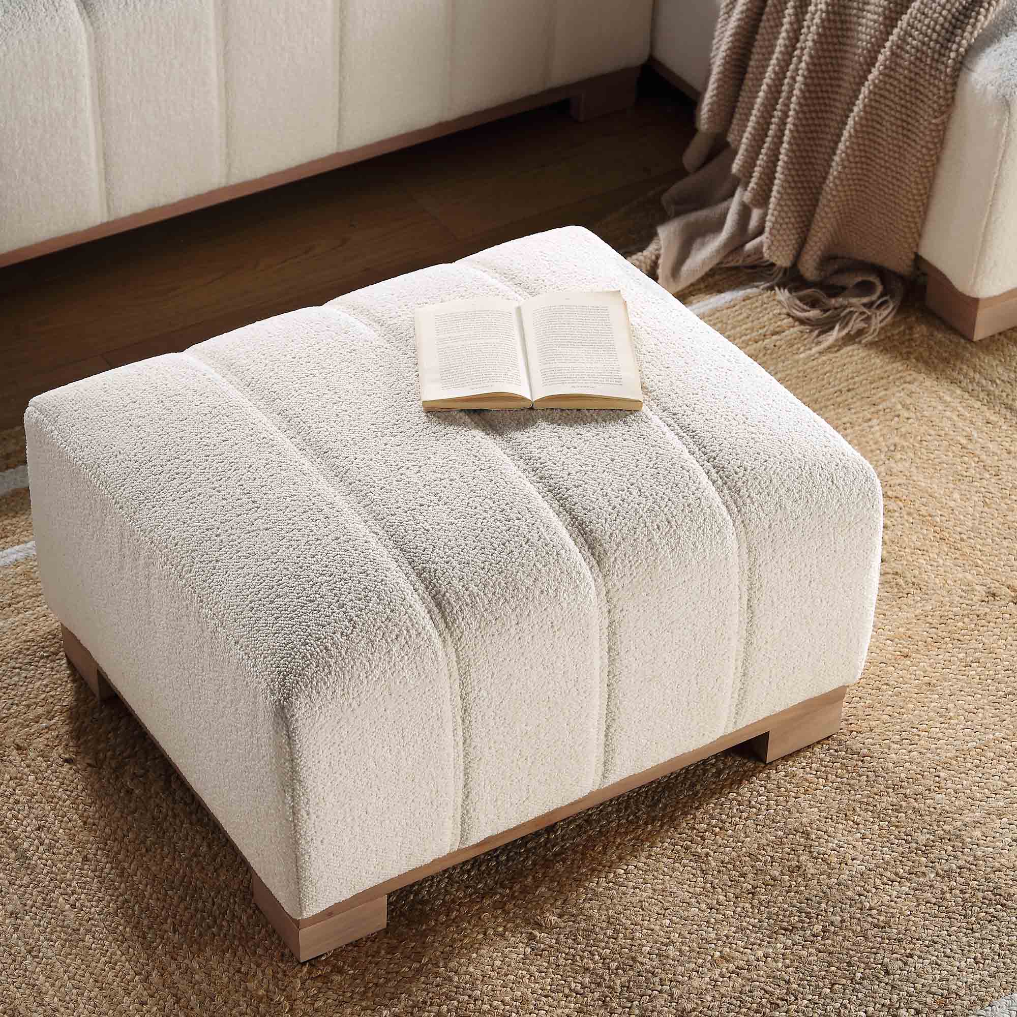Belsize Beige Boucle Footstool with Wooden Base