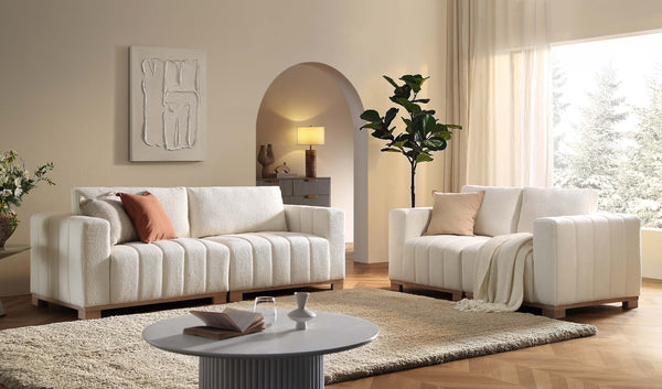 Belsize Beige Boucle Sofa with Wooden Base, 3-Seater