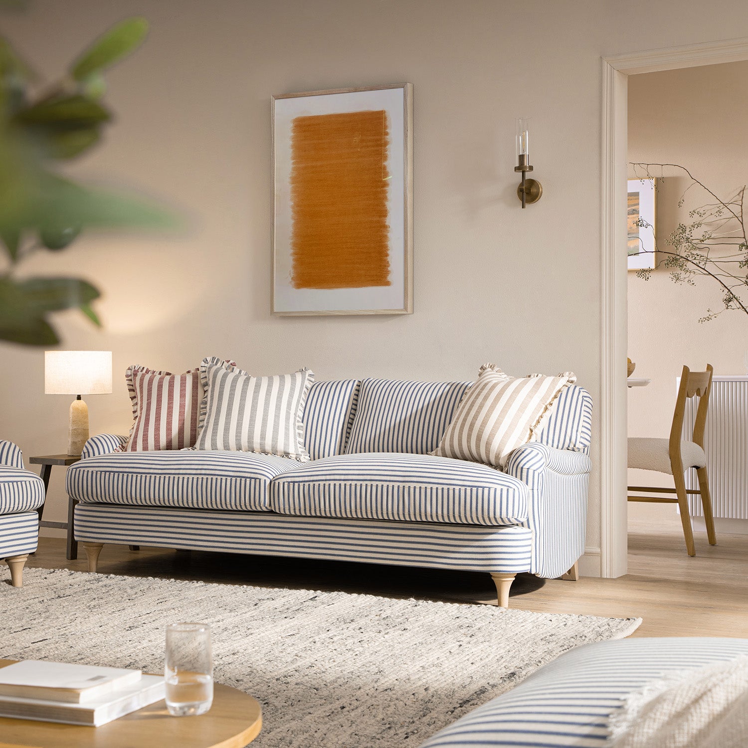 Daphnis Blue Striped Linen Blend Sofa, 3-Seater