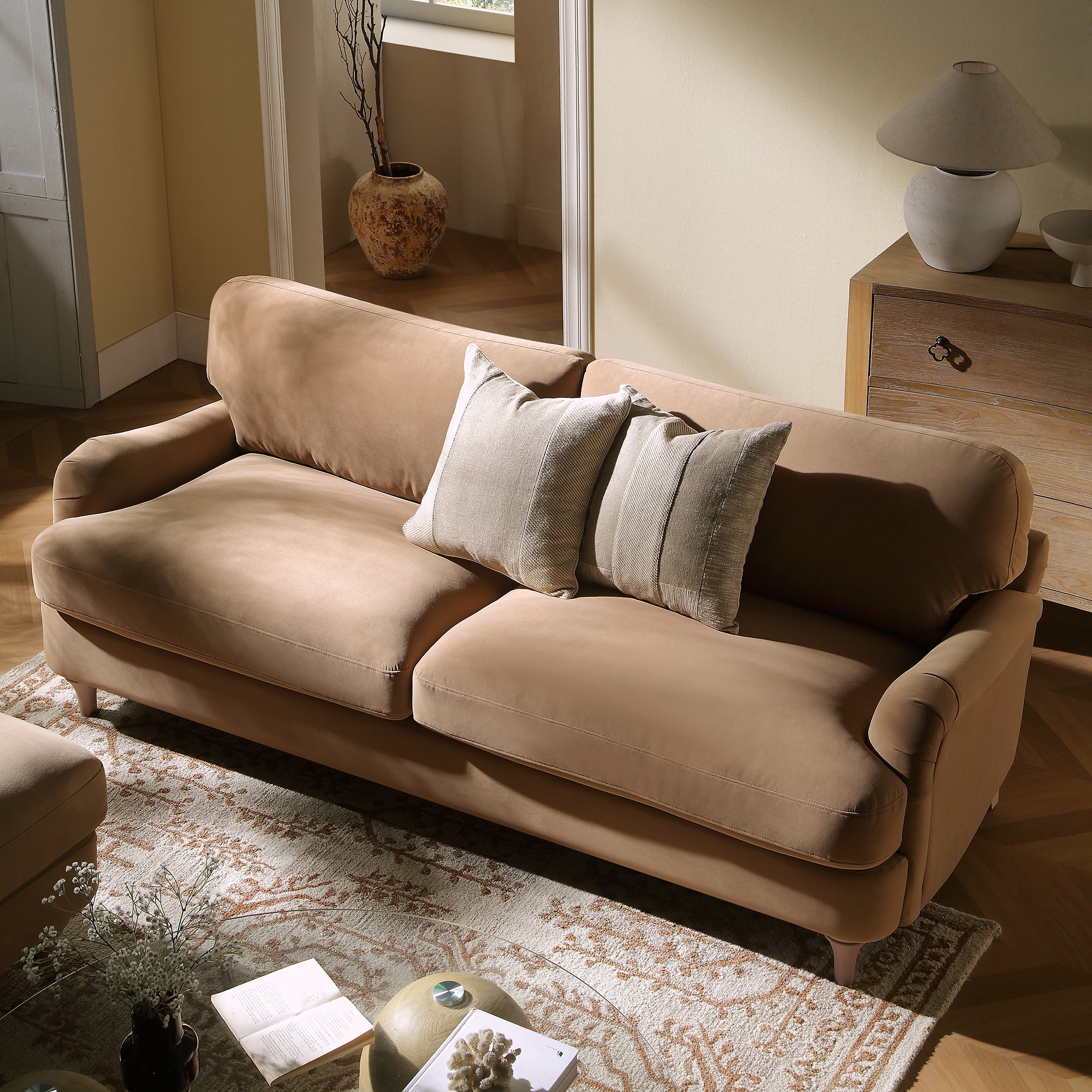 Daphnis Camel Velvet Sofa, 3-Seater | daals