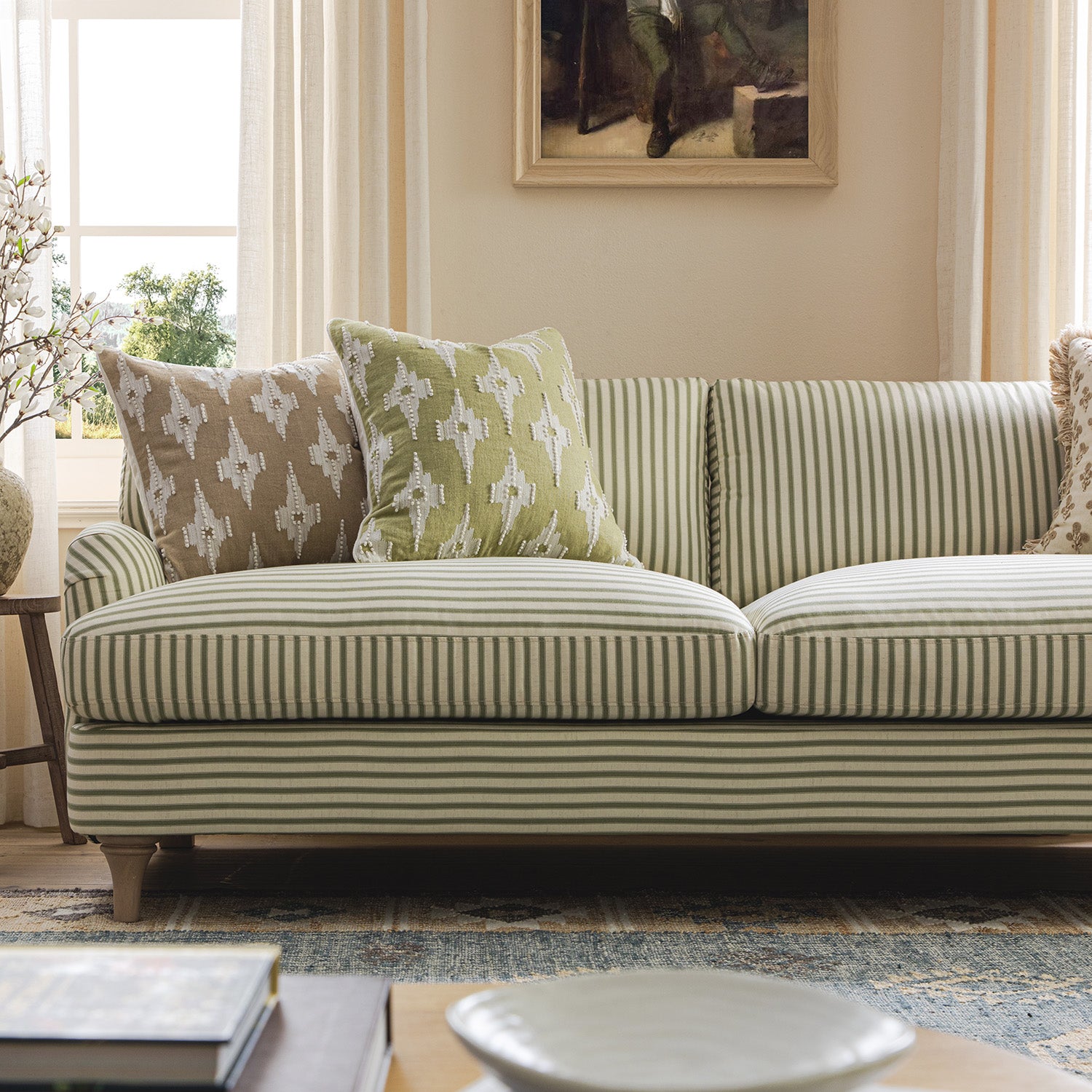 Daphnis Green Striped Linen Blend Sofa, 3-Seater