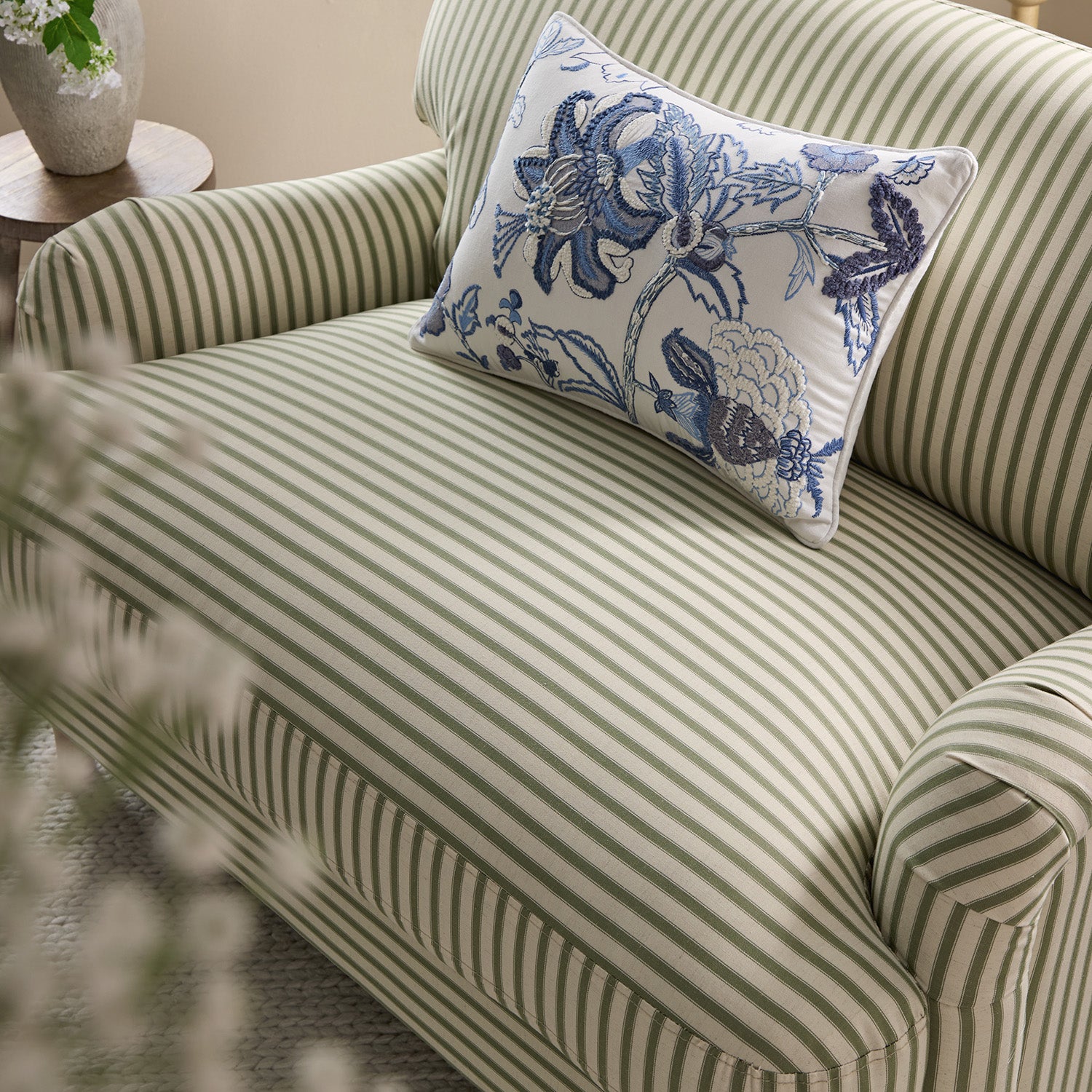 Daphnis Green Striped Linen Blend Sofa, Loveseat