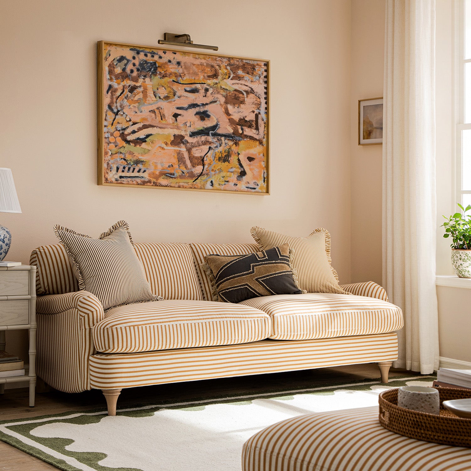 Daphnis Ochre Striped Linen Blend Sofa, 3-Seater