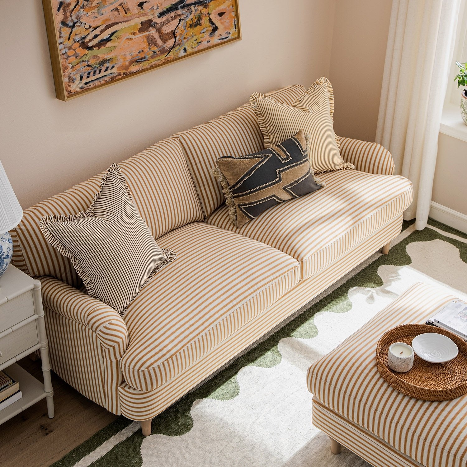 Daphnis Ochre Striped Linen Blend Sofa, 3-Seater