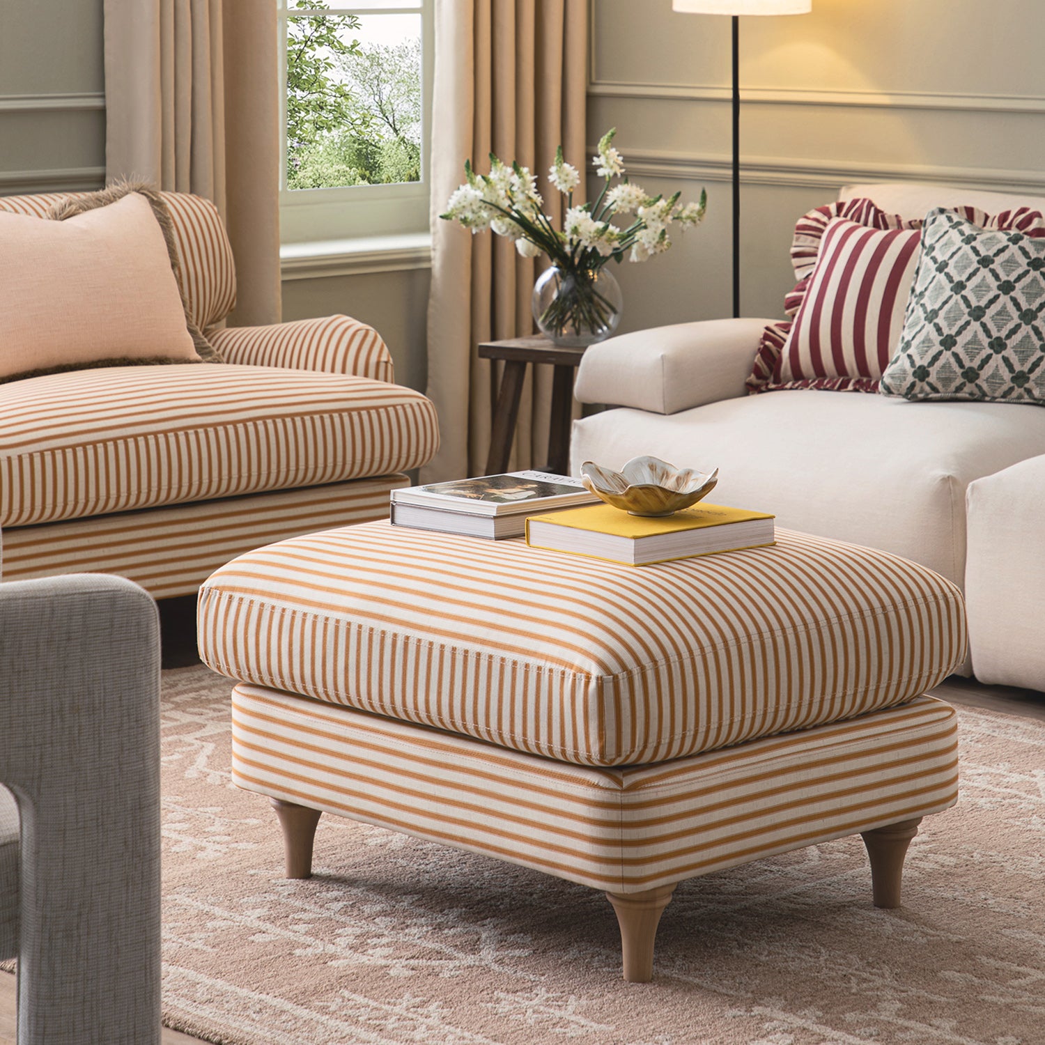 Daphnis Ochre Striped Linen Blend Footstool