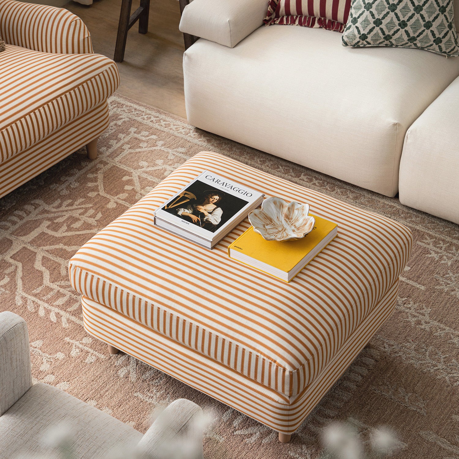 Daphnis Ochre Striped Linen Blend Footstool