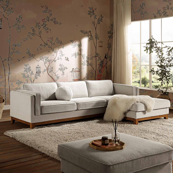 Dipley Oatmeal Woven Fabric Sofa, Grande Chaise Sofa Right Hand