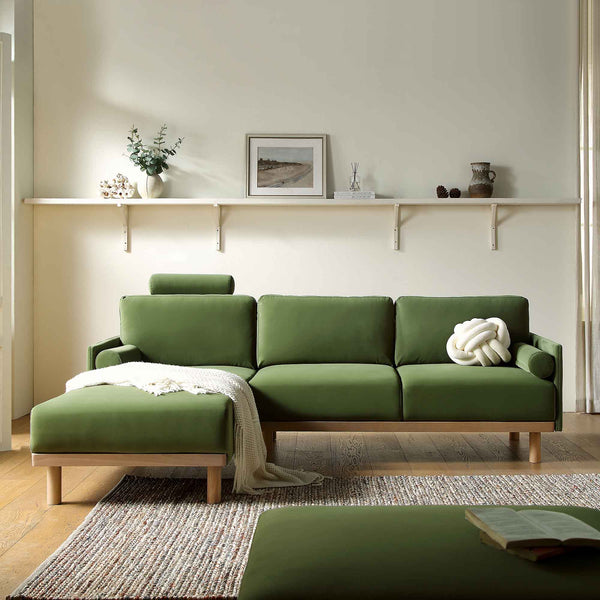 Timber Fern Green Velvet Sofa, Large 3-Seater Chaise Sofa Left Hand Facing