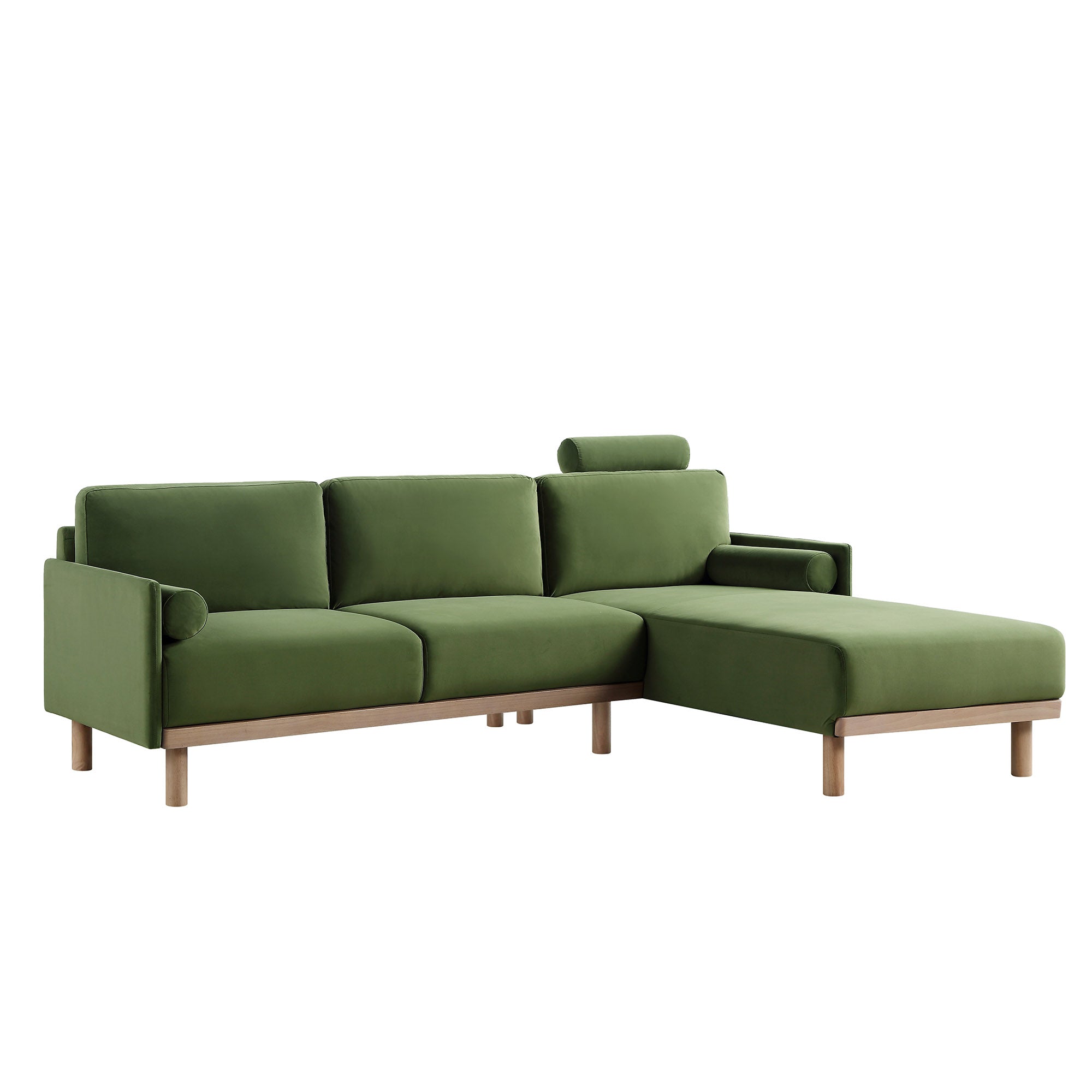 Timber Fern Green Velvet Sofa, Large 3-Seater Chaise Sofa Right Hand