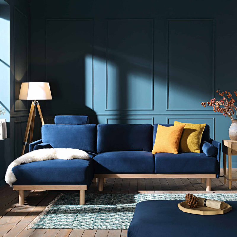 Timber Navy Blue Velvet Sofa, Large 3 - Seater Chaise Sofa Left Hand Facing - daals