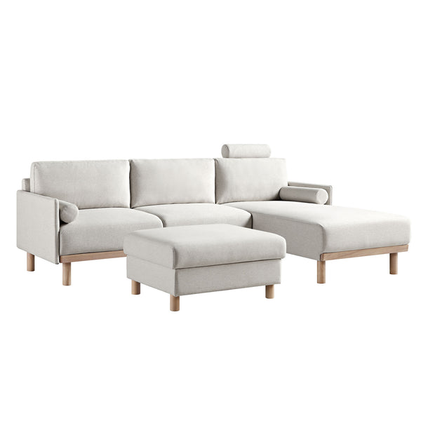 Timber Oatmeal Fabric Sofa, Large 3-Seater Chaise Sofa Right Hand