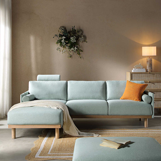 Timber Sage Green Fabric Sofa, Large 3-Seater Chaise Sofa Left Hand Facing