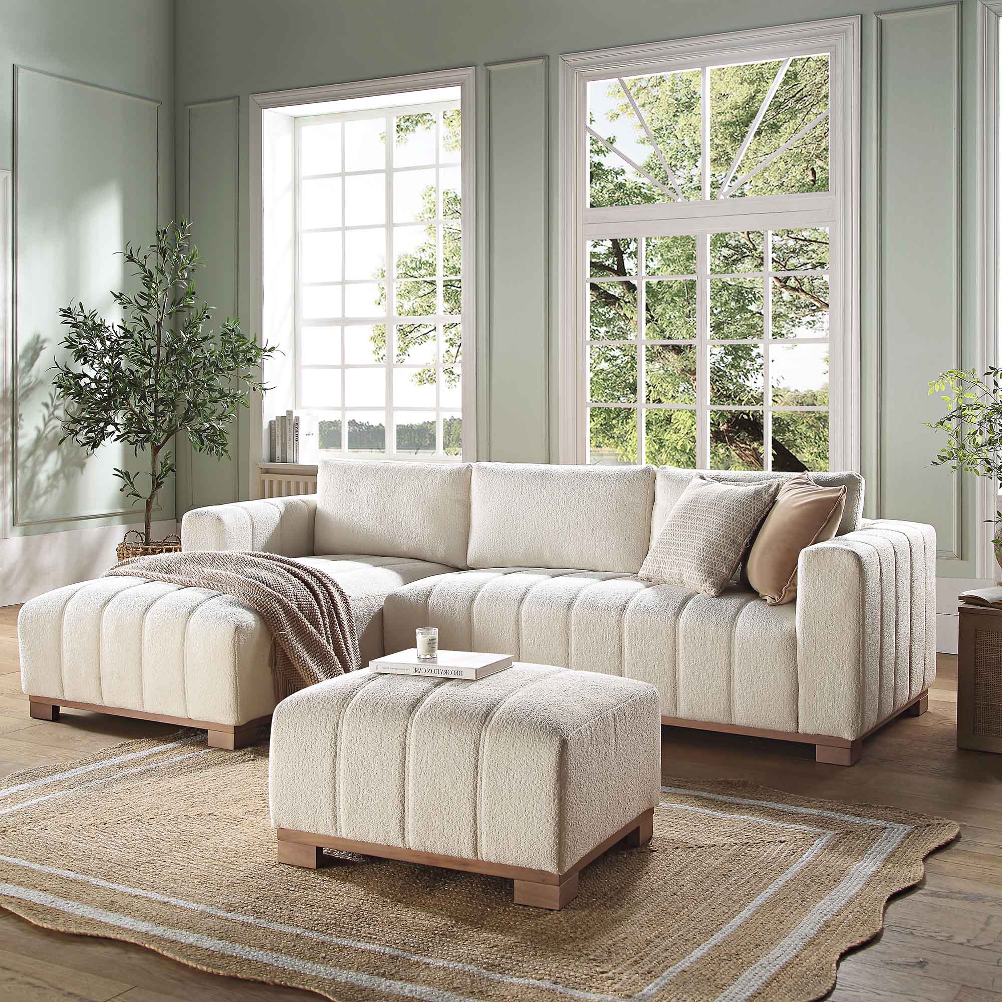 Belsize Beige Boucle Sofa with Wooden Base, Large Chaise Left Hand | daals