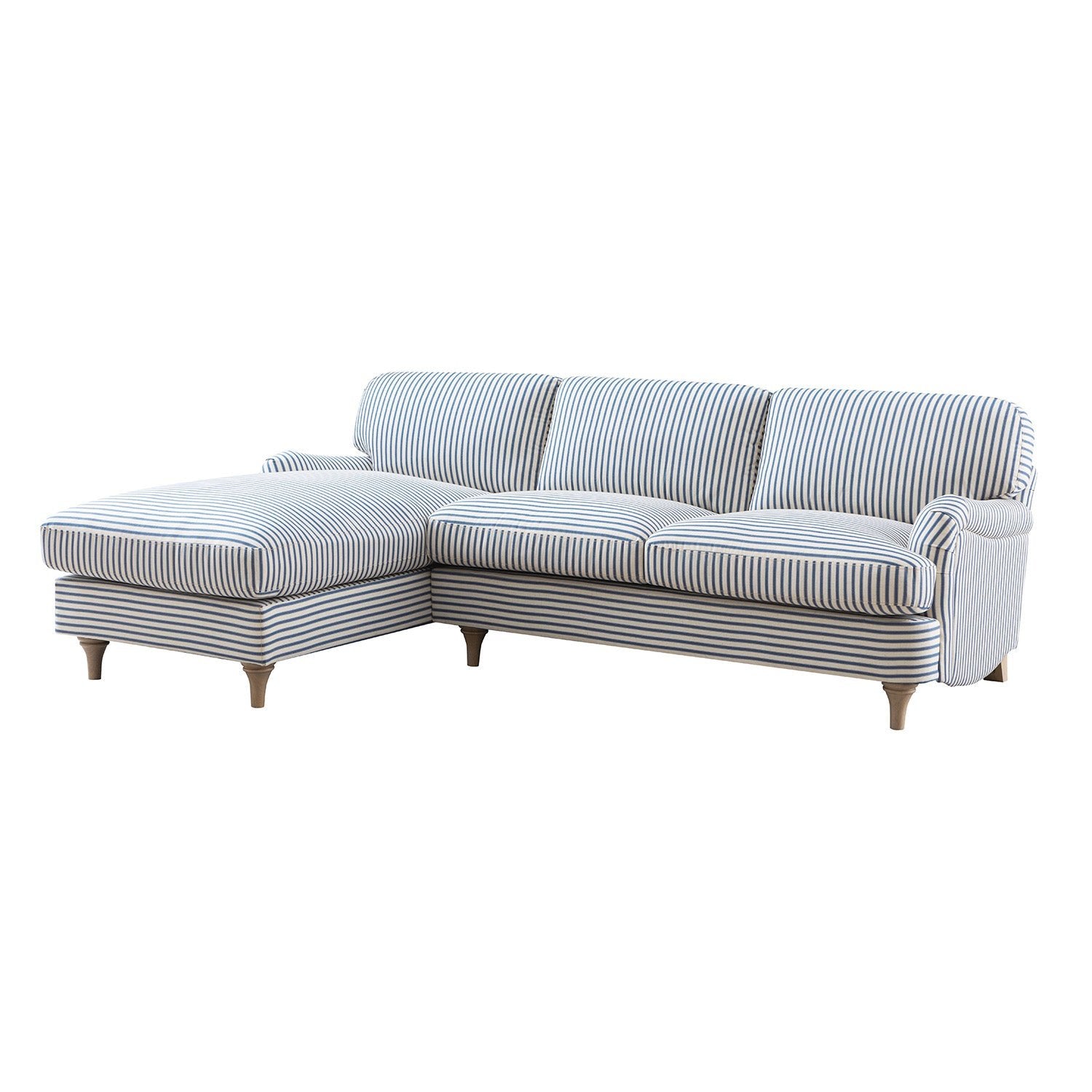 Daphnis Blue Striped Linen Blend Sofa, Grande Chaise Sofa Left Hand Facing