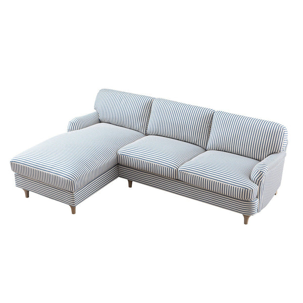Daphnis Blue Striped Linen Blend Sofa, Grande Chaise Sofa Left Hand Facing