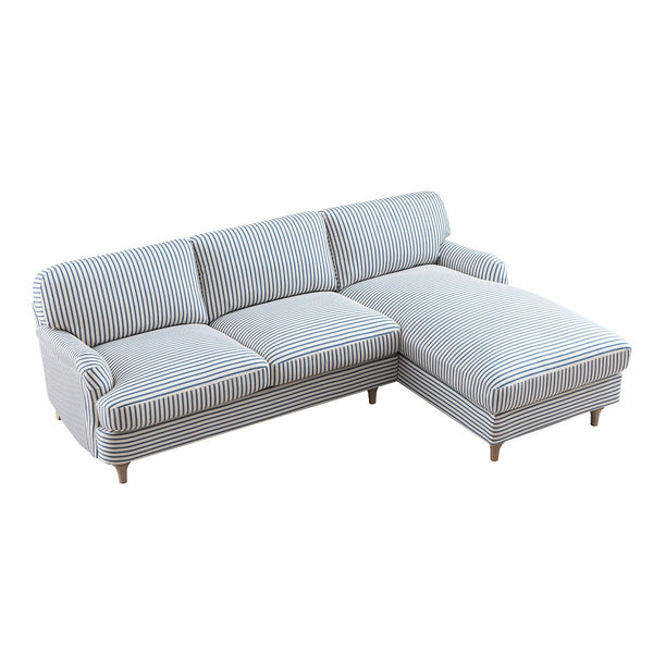 Daphnis Blue Striped Linen Blend Sofa, Grande Chaise Sofa Right Hand Facing