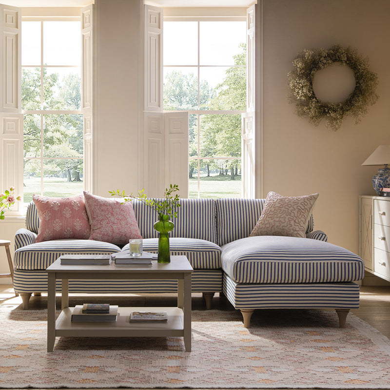 Daphnis Blue Striped Linen Blend Sofa, Grande Chaise Sofa Right Hand Facing