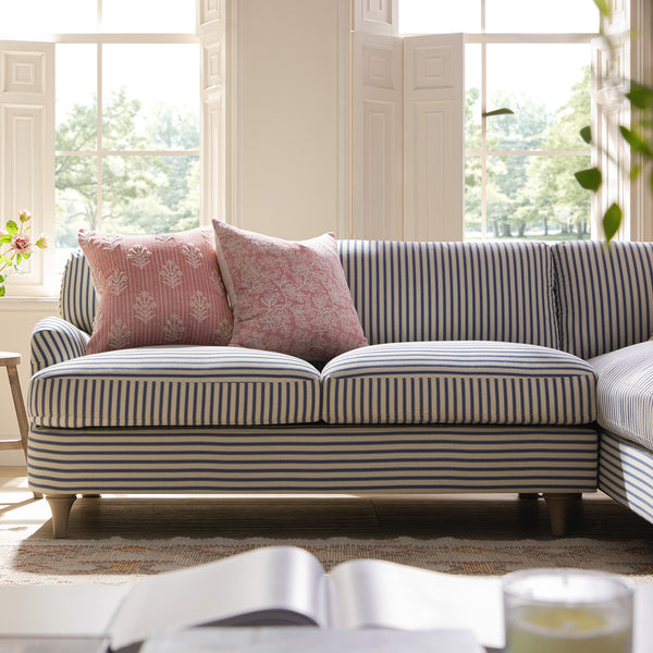 Daphnis Blue Striped Linen Blend Sofa, Grande Chaise Sofa Right Hand Facing