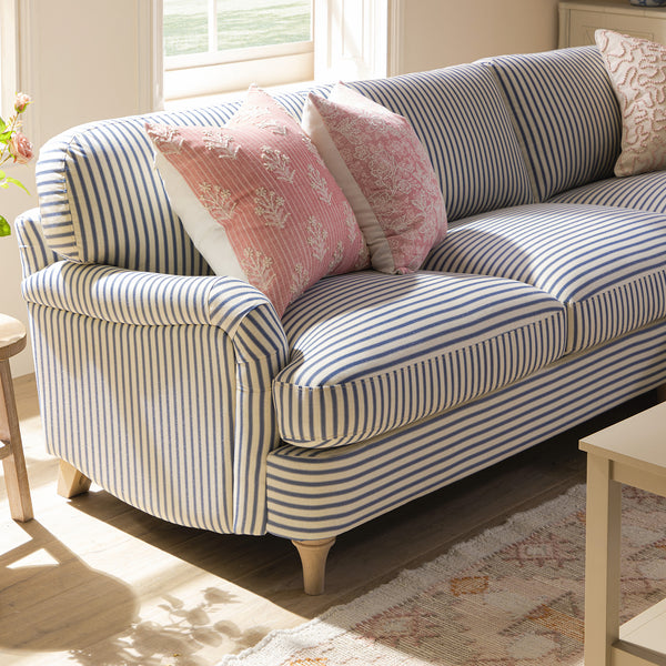 Daphnis Blue Striped Linen Blend Sofa, Grande Chaise Sofa Right Hand Facing